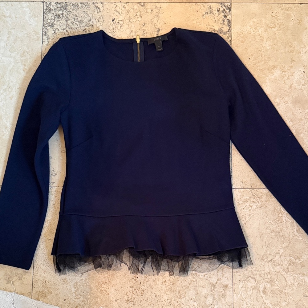 J. Crew Navy Long-Sleeve Peplum Top with Tulle Trim